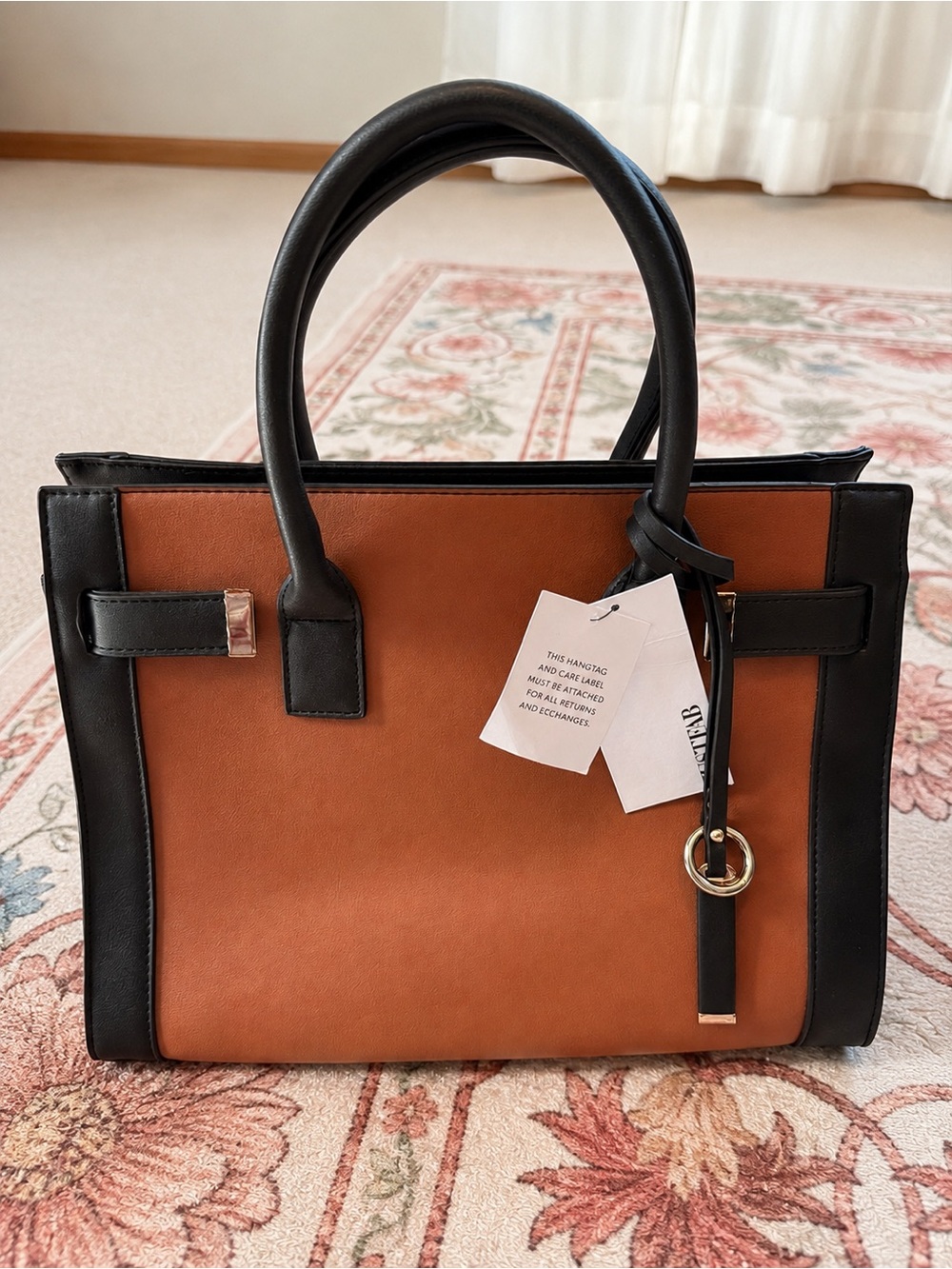 JustFab Tan and Black Structured Satchel with Gold Accent